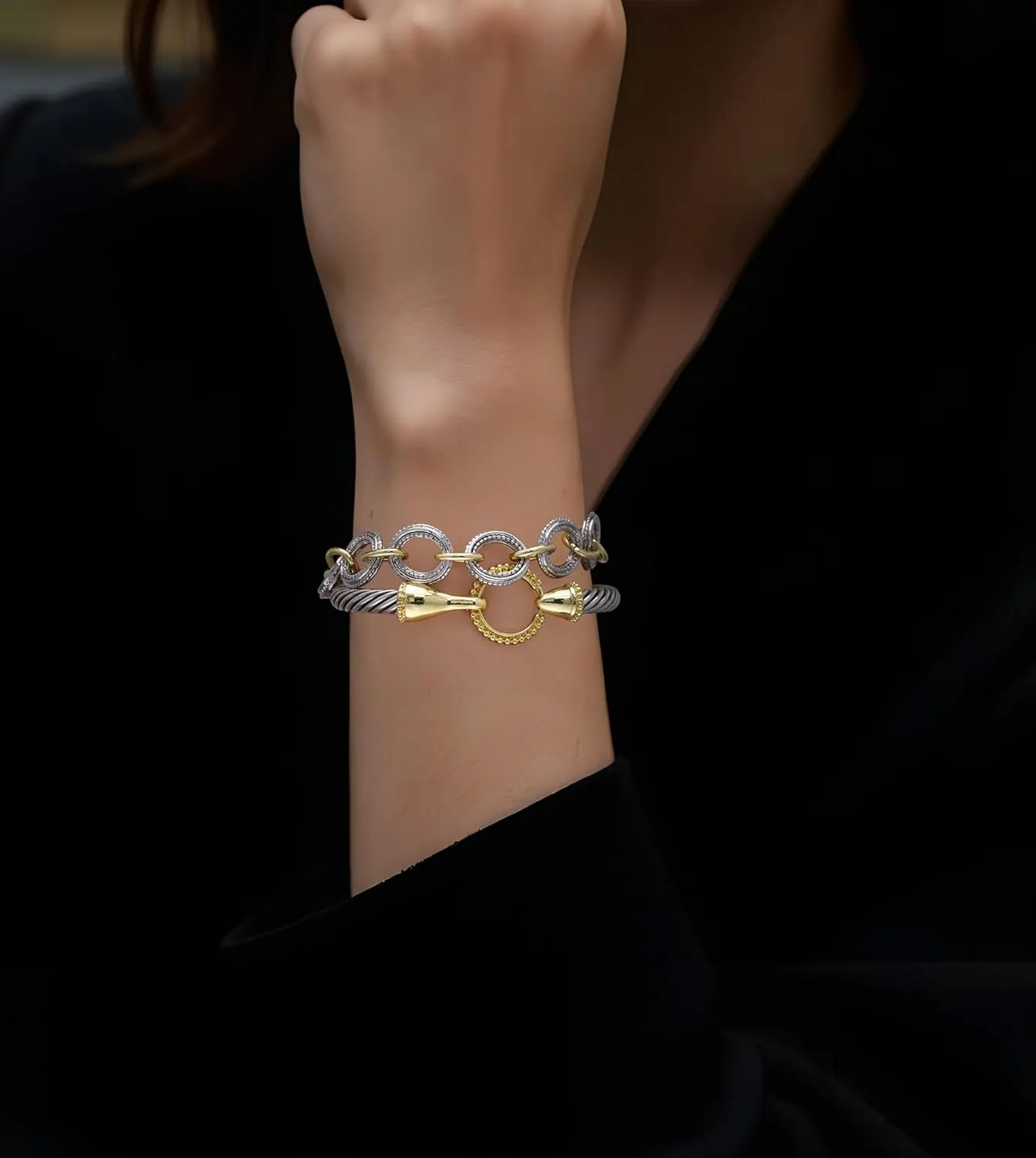 2PCS Twisted Cable Bangle and Chain Set, Trendy Gold and Silver Cuff Two Tone Bracelet Designer Dupes Mixed Metal Jewelry for Women