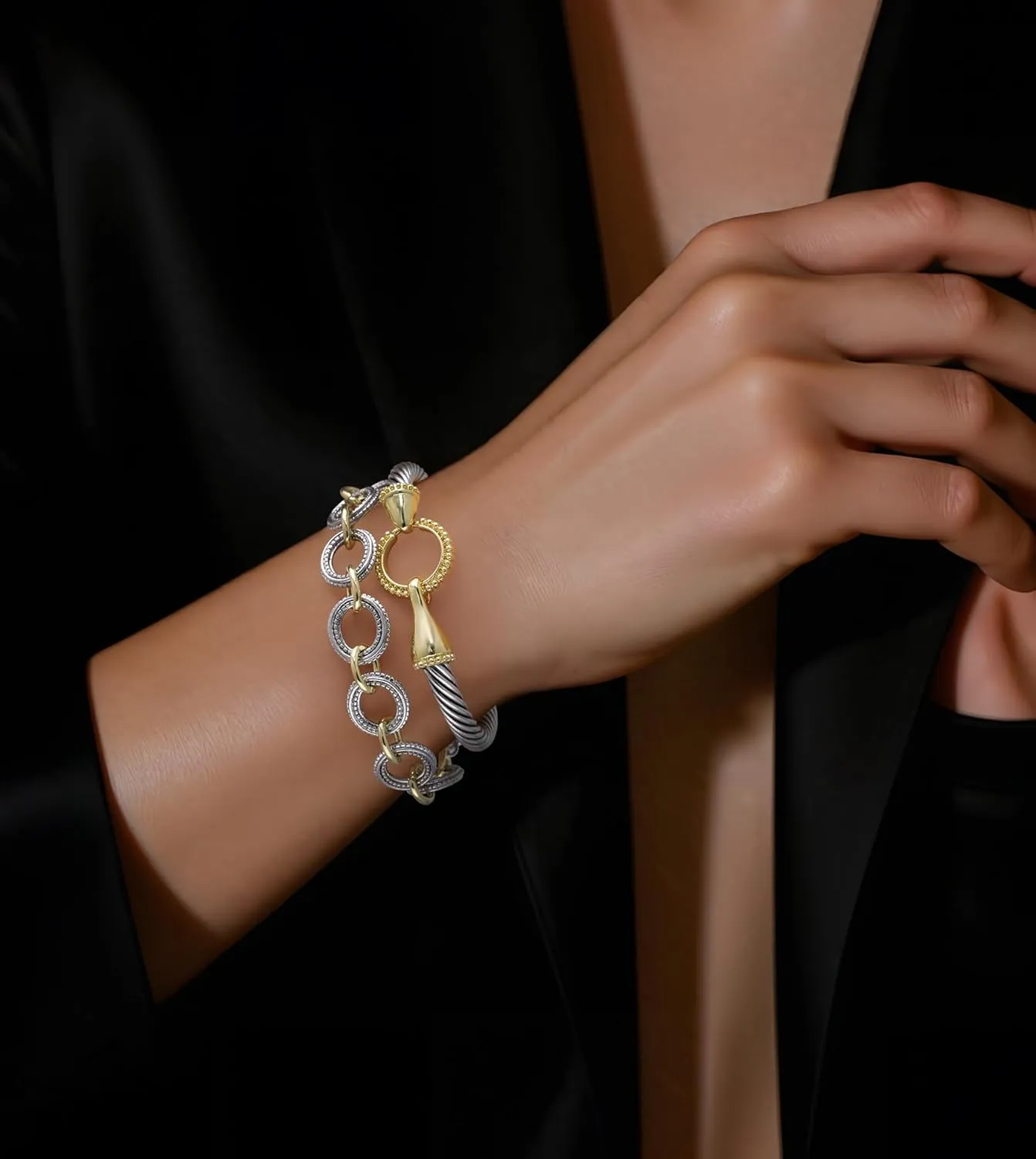 2PCS Twisted Cable Bangle and Chain Set, Trendy Gold and Silver Cuff Two Tone Bracelet Designer Dupes Mixed Metal Jewelry for Women