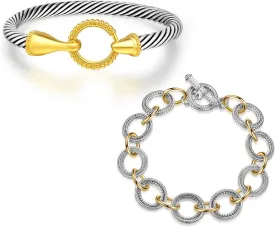 2PCS Twisted Cable Bangle and Chain Set, Trendy Gold and Silver Cuff Two Tone Bracelet Designer Dupes Mixed Metal Jewelry for Women