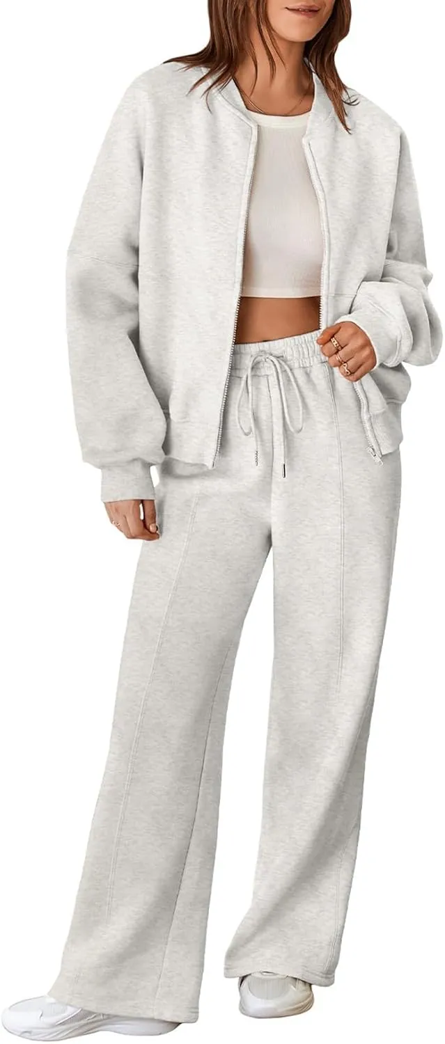 Aleumdr Women's 2 Piece Outfits Oversized Fleece Sweatsuit Zip Up Long Sleeve Sweatshirt with Wide Leg Sweatpants