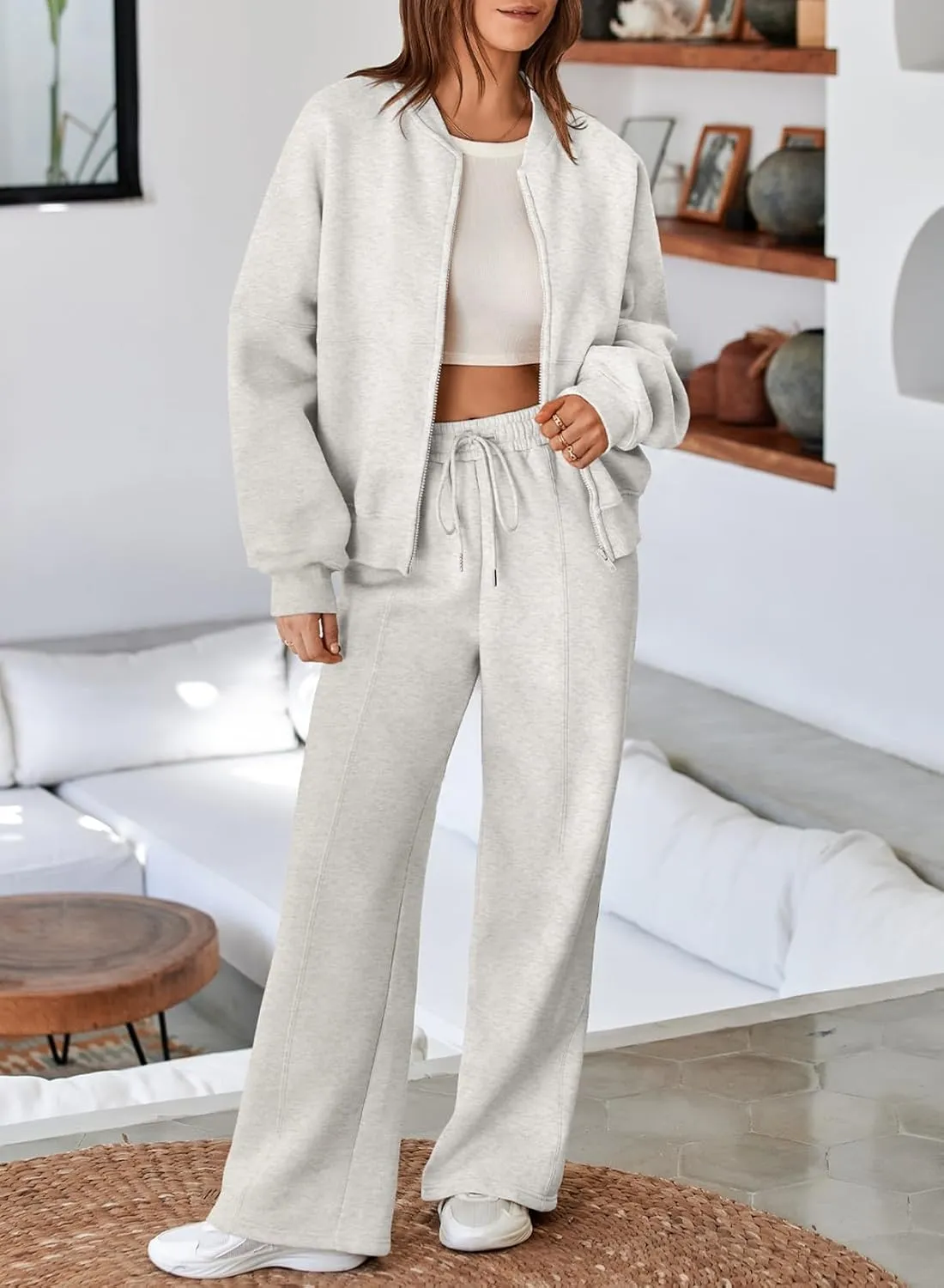 Aleumdr Women's 2 Piece Outfits Oversized Fleece Sweatsuit Zip Up Long Sleeve Sweatshirt with Wide Leg Sweatpants