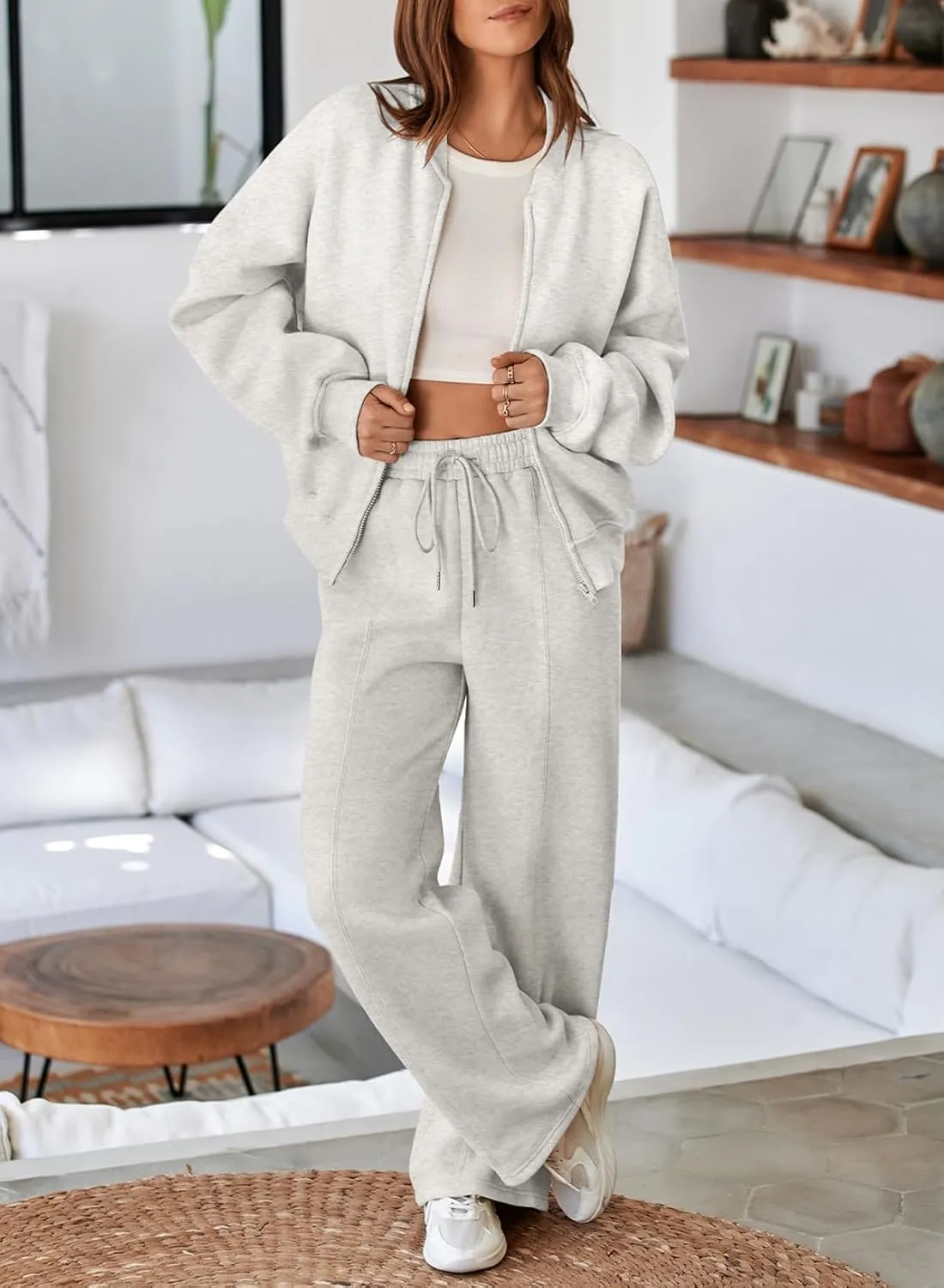 Aleumdr Women's 2 Piece Outfits Oversized Fleece Sweatsuit Zip Up Long Sleeve Sweatshirt with Wide Leg Sweatpants