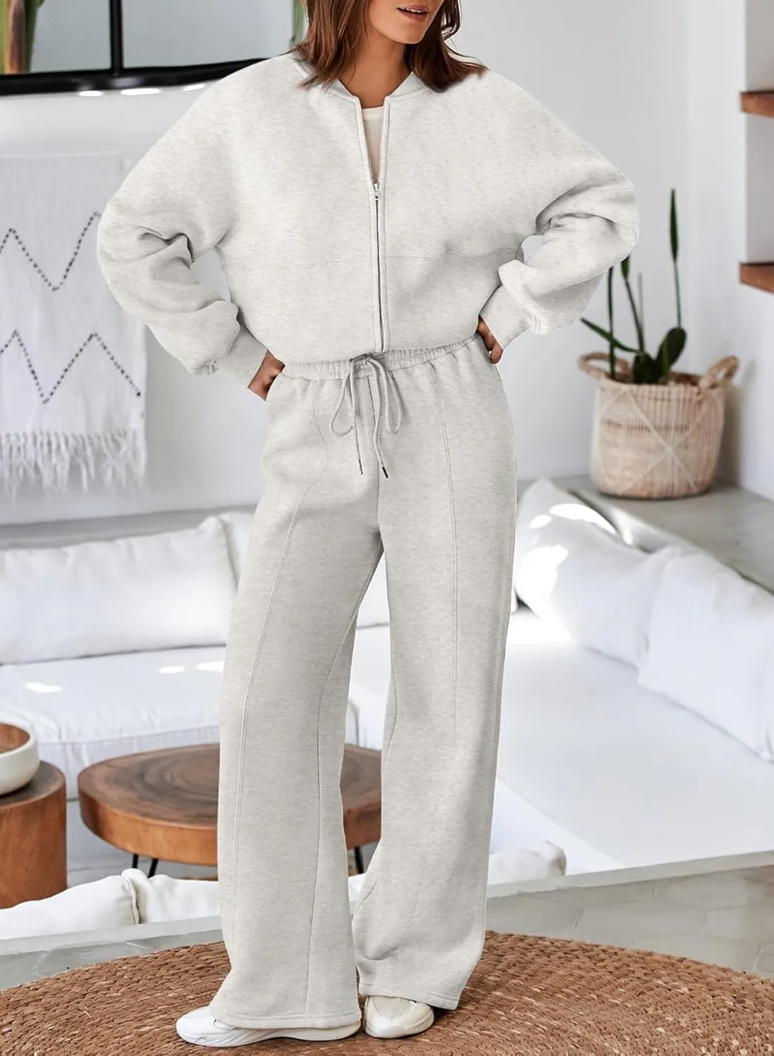 Aleumdr Women's 2 Piece Outfits Oversized Fleece Sweatsuit Zip Up Long Sleeve Sweatshirt with Wide Leg Sweatpants
