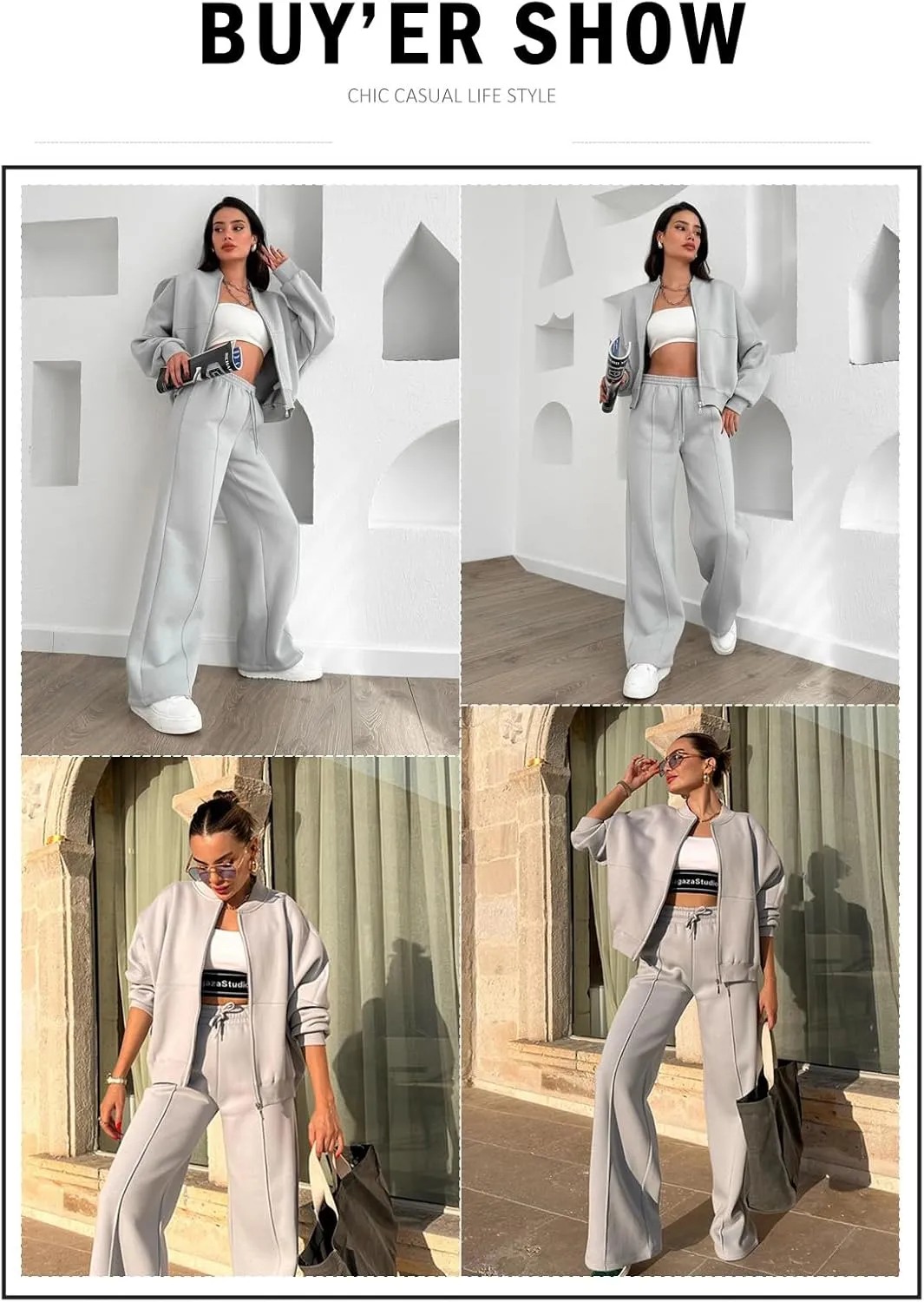 Aleumdr Women's 2 Piece Outfits Oversized Fleece Sweatsuit Zip Up Long Sleeve Sweatshirt with Wide Leg Sweatpants