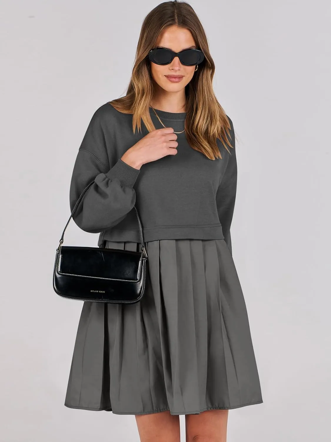 ANRABESS Women Sweatshirts Dress Oversized Long Sleeve Patchwork Casual Loose Pleated Pullover Mini Dress Fall Outfits 2025