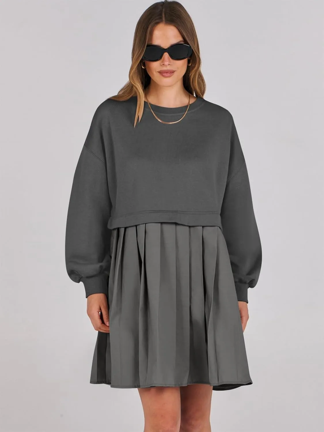 ANRABESS Women Sweatshirts Dress Oversized Long Sleeve Patchwork Casual Loose Pleated Pullover Mini Dress Fall Outfits 2025