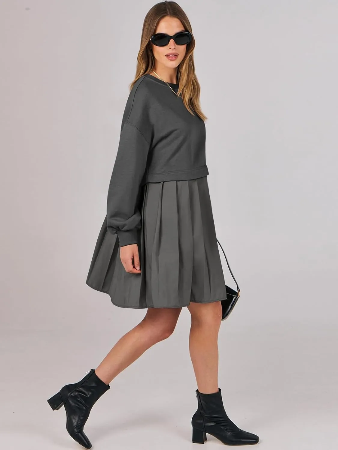 ANRABESS Women Sweatshirts Dress Oversized Long Sleeve Patchwork Casual Loose Pleated Pullover Mini Dress Fall Outfits 2025