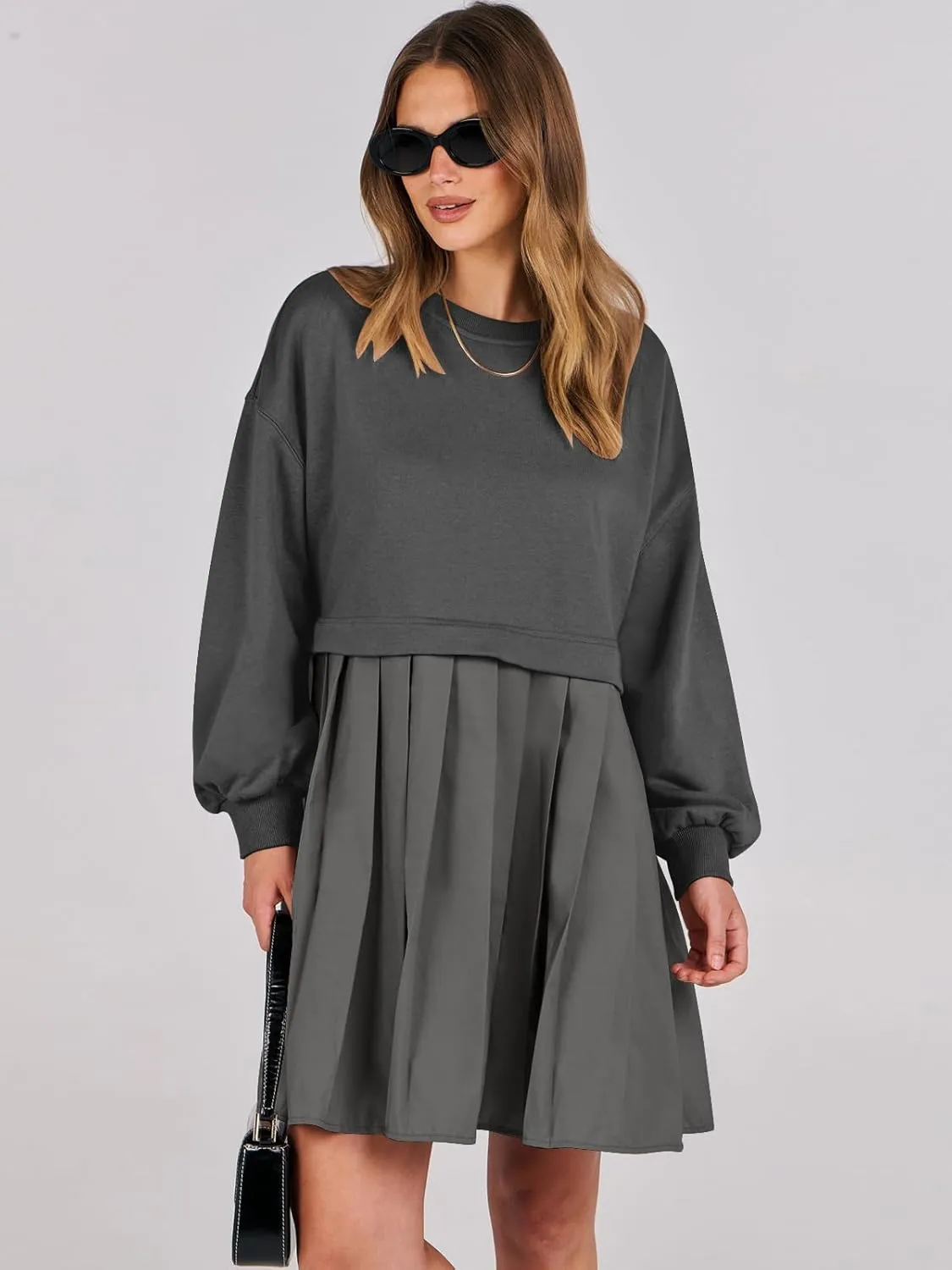 ANRABESS Women Sweatshirts Dress Oversized Long Sleeve Patchwork Casual Loose Pleated Pullover Mini Dress Fall Outfits 2025