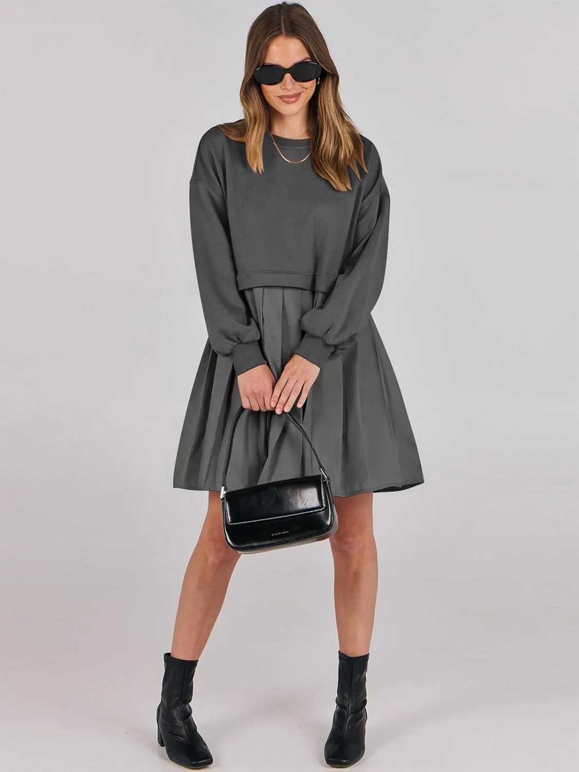 ANRABESS Women Sweatshirts Dress Oversized Long Sleeve Patchwork Casual Loose Pleated Pullover Mini Dress Fall Outfits 2025
