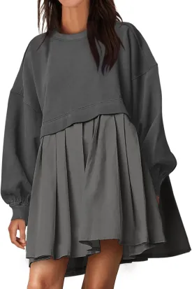 ANRABESS Women Sweatshirts Dress Oversized Long Sleeve Patchwork Casual Loose Pleated Pullover Mini Dress Fall Outfits 2025