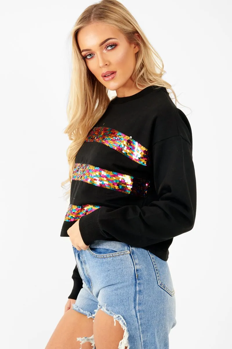 Black Multi Sequin Stripe Sweatshirt - Nadina