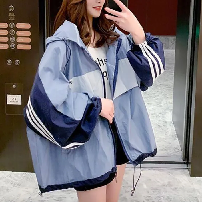 Blue Side Stripes Oversized Zipper Hooded Sweatshirt