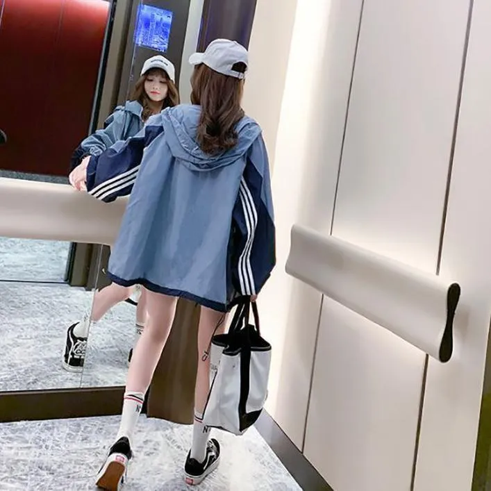 Blue Side Stripes Oversized Zipper Hooded Sweatshirt