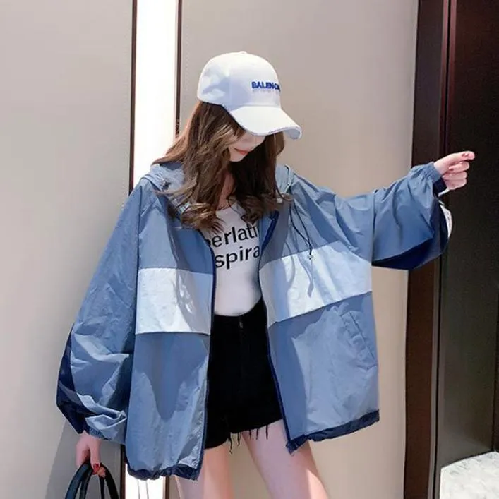Blue Side Stripes Oversized Zipper Hooded Sweatshirt