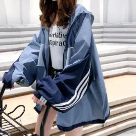 Blue Side Stripes Oversized Zipper Hooded Sweatshirt