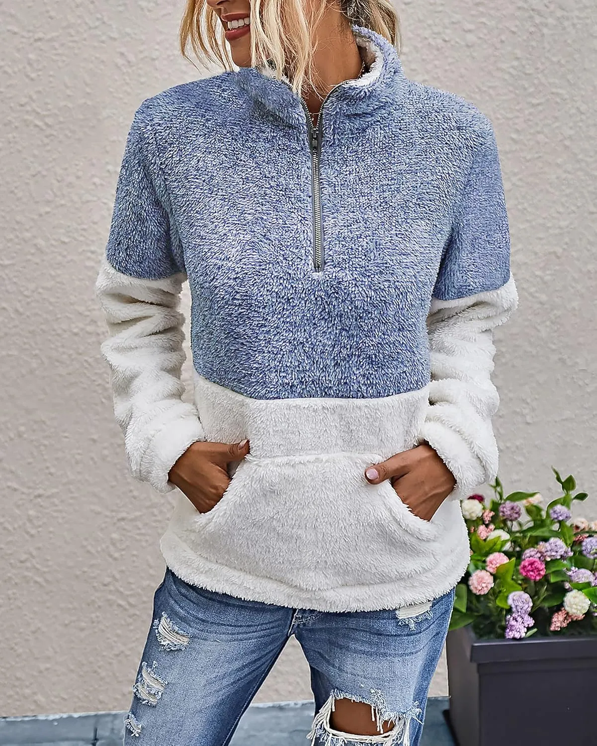 BTFBM Women Sherpa Pullover Quarter Zip Long Sleeve Fluffy Soft Fleece Jackets Sweaters Sweatshirts Hoodies Outwear Coat