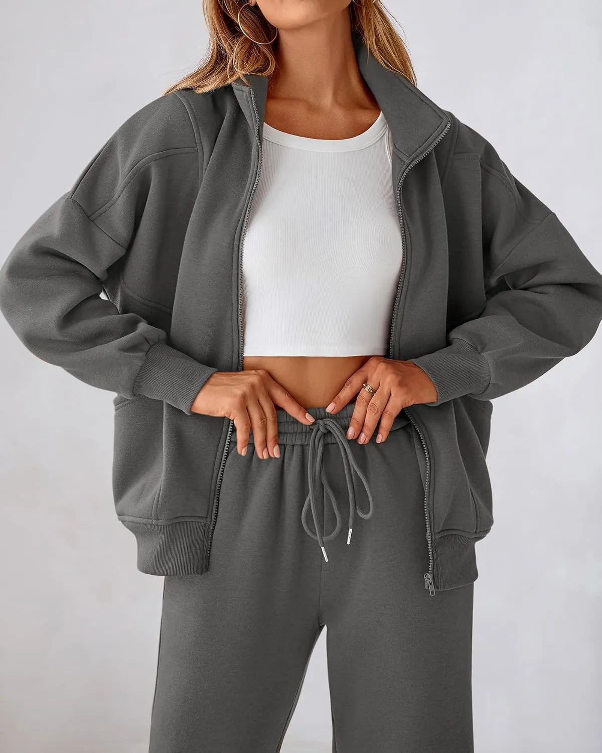 BTFBM Womens Sweatsuits 2 Piece Set 2025 Fleece Long Sleeve Zip Up Sweatshirt Sweatpants Winter Fall Outfits Jogger Sets