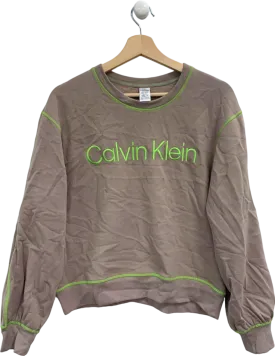 Calvin Klein Taupe/Neon Green Crew Neck Sweatshirt UK XS