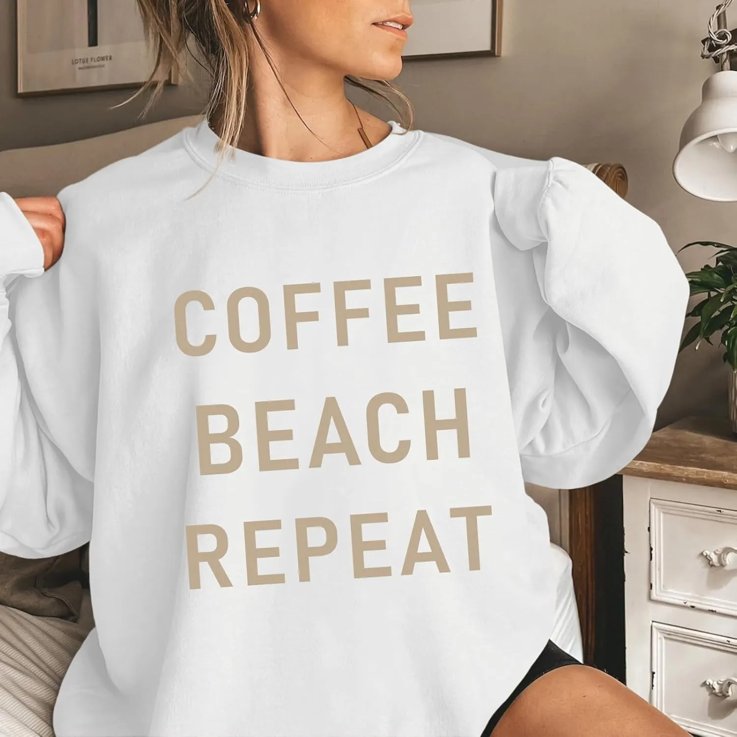 Coffee Beach Repeat Graphic Sweatshirt for Women Letter Print Crewneck Long Sleeve Shirts Casual Loose Pullover Tops
