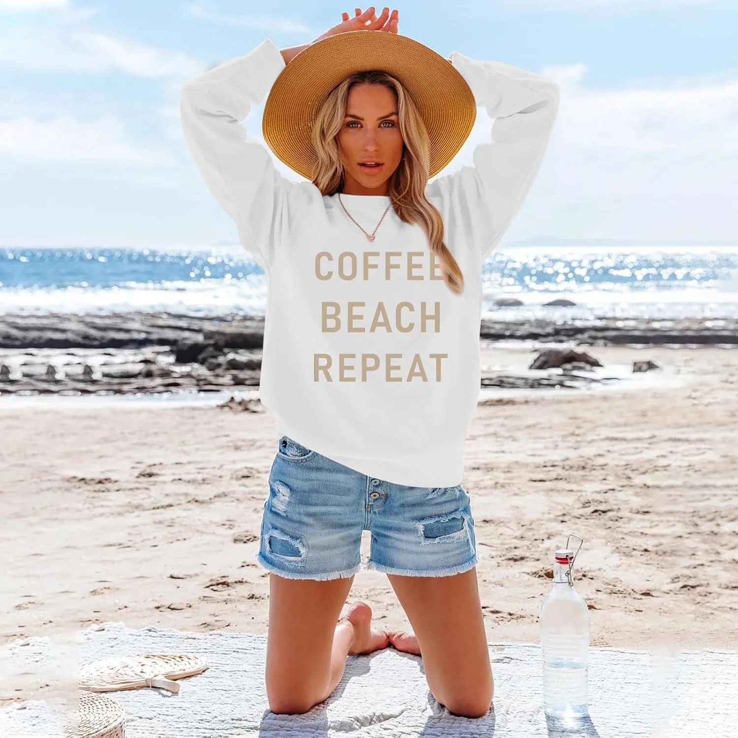 Coffee Beach Repeat Graphic Sweatshirt for Women Letter Print Crewneck Long Sleeve Shirts Casual Loose Pullover Tops