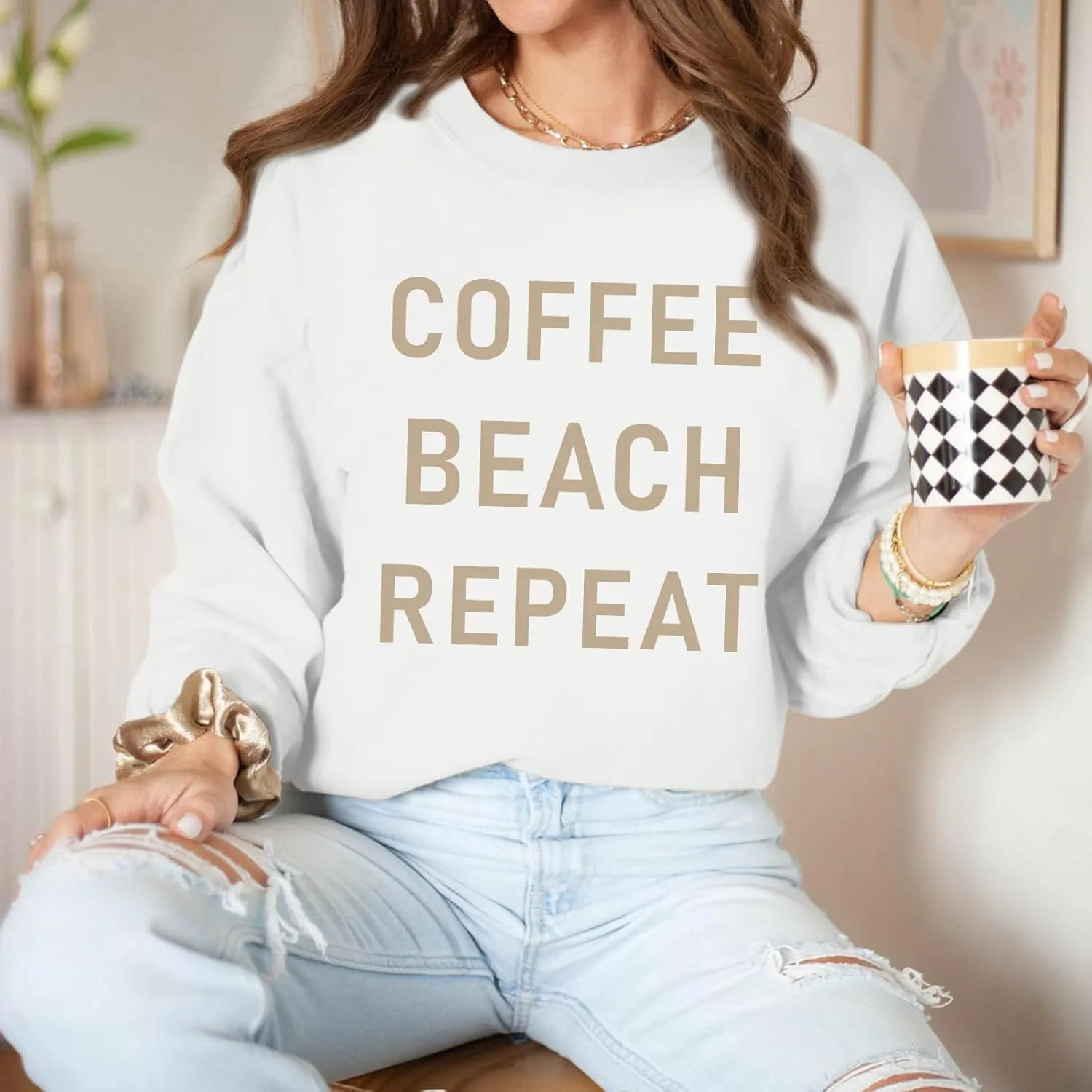 Coffee Beach Repeat Graphic Sweatshirt for Women Letter Print Crewneck Long Sleeve Shirts Casual Loose Pullover Tops