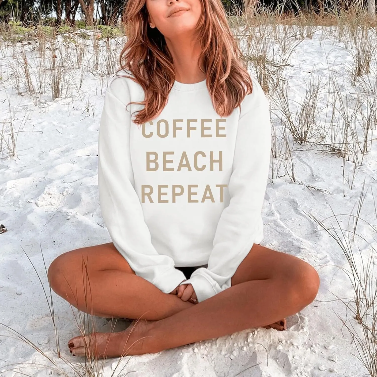Coffee Beach Repeat Graphic Sweatshirt for Women Letter Print Crewneck Long Sleeve Shirts Casual Loose Pullover Tops