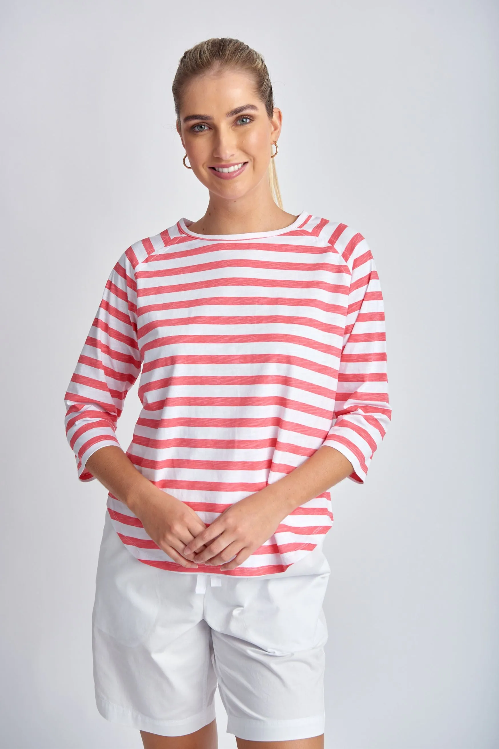 Cotton Raglan Sleeve Stripe Tee Coral/White
