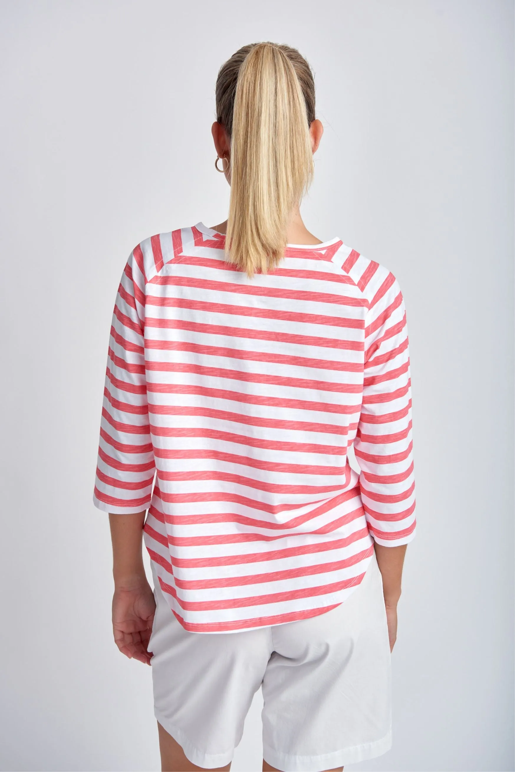 Cotton Raglan Sleeve Stripe Tee Coral/White