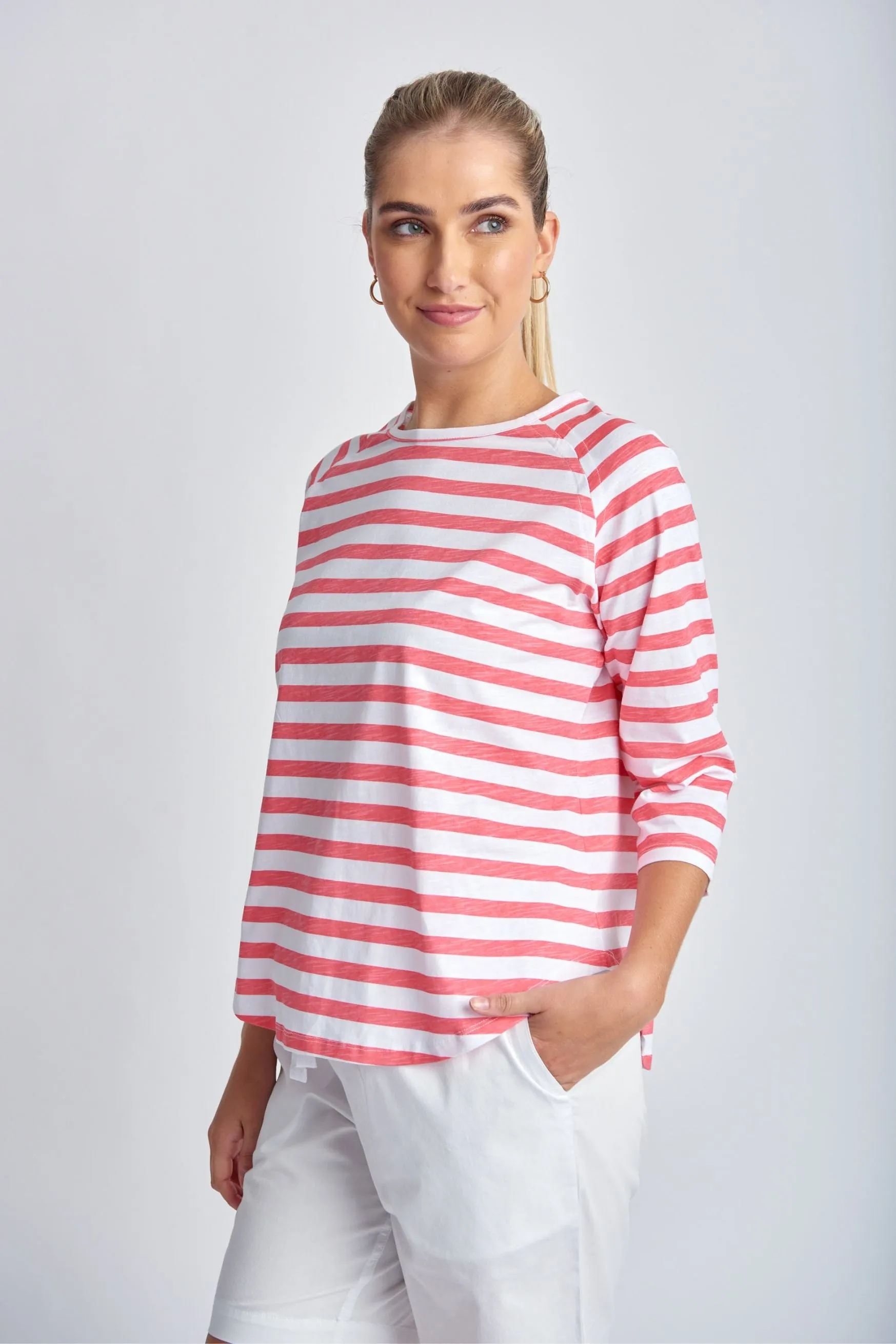 Cotton Raglan Sleeve Stripe Tee Coral/White