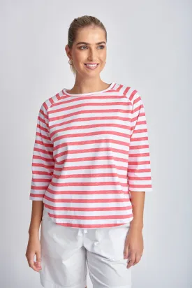 Cotton Raglan Sleeve Stripe Tee Coral/White