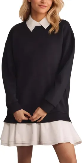 D-Sun Women Sweatshirt Mini Dress Crewneck Long Sleeves Patchwork Ruffled Short Tunic Dress Casual Pleated Pullover Top