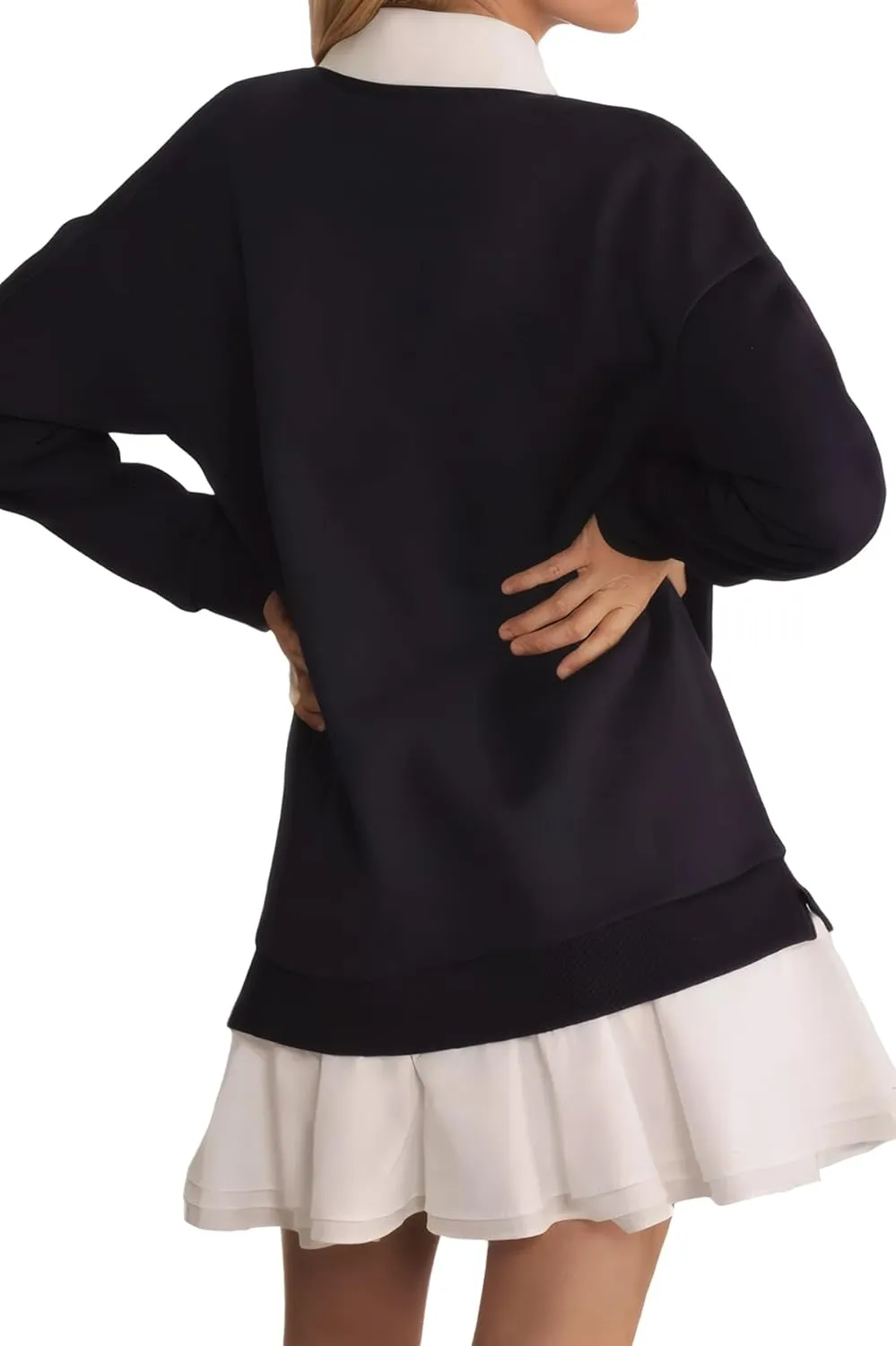 D-Sun Women Sweatshirt Mini Dress Crewneck Long Sleeves Patchwork Ruffled Short Tunic Dress Casual Pleated Pullover Top