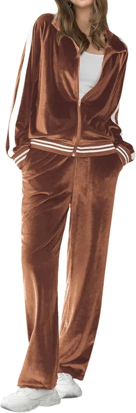 Ekouaer Women's Velvet Velor Tracksuits 2 Piece Lounge Outfits Zip Up Sweatshirt and Sweatpants with Pockets S-3XL