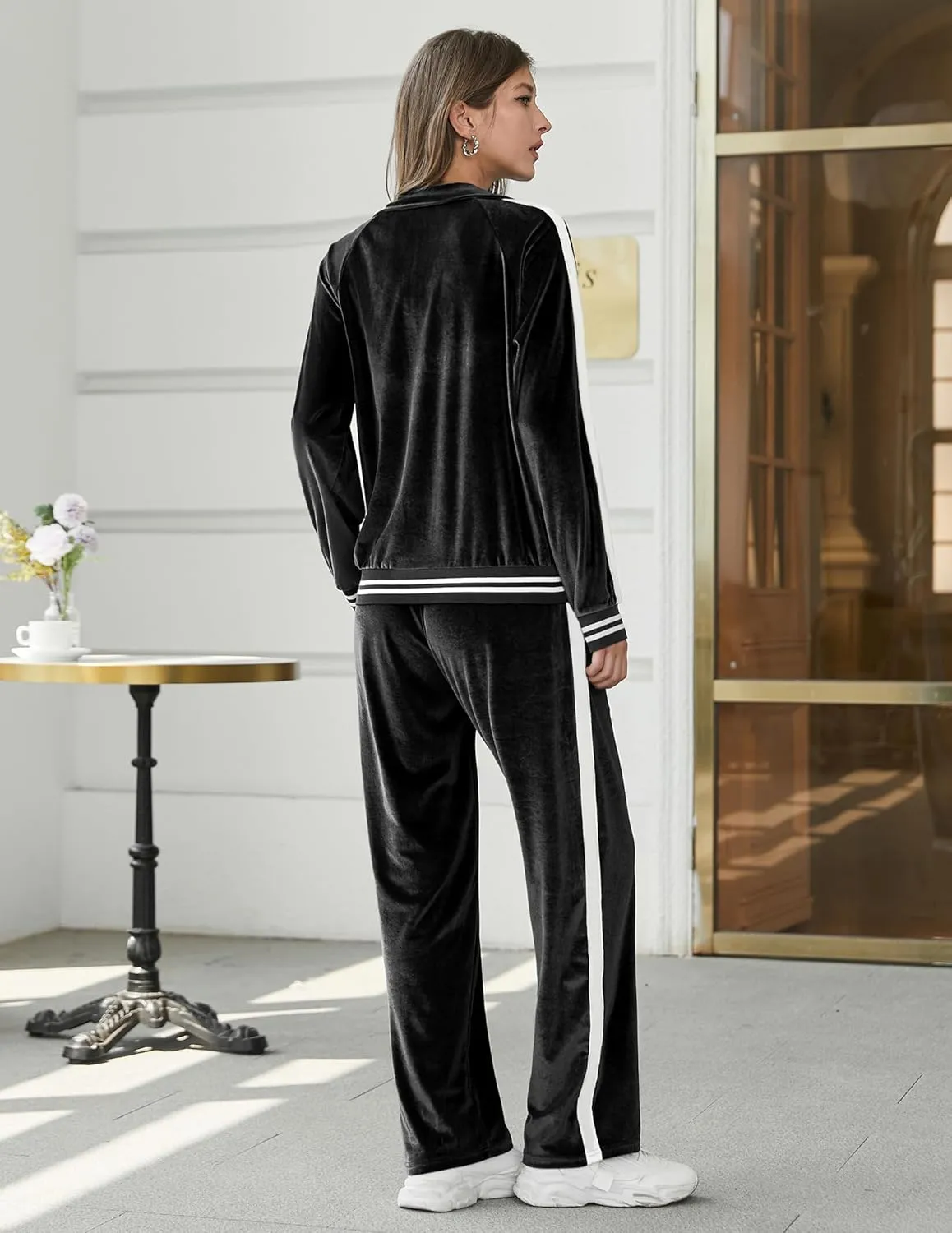 Ekouaer Women's Velvet Velor Tracksuits 2 Piece Lounge Outfits Zip Up Sweatshirt and Sweatpants with Pockets S-3XL