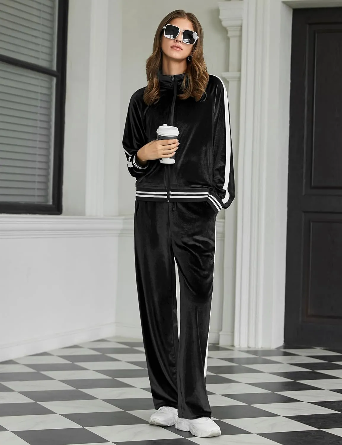 Ekouaer Women's Velvet Velor Tracksuits 2 Piece Lounge Outfits Zip Up Sweatshirt and Sweatpants with Pockets S-3XL