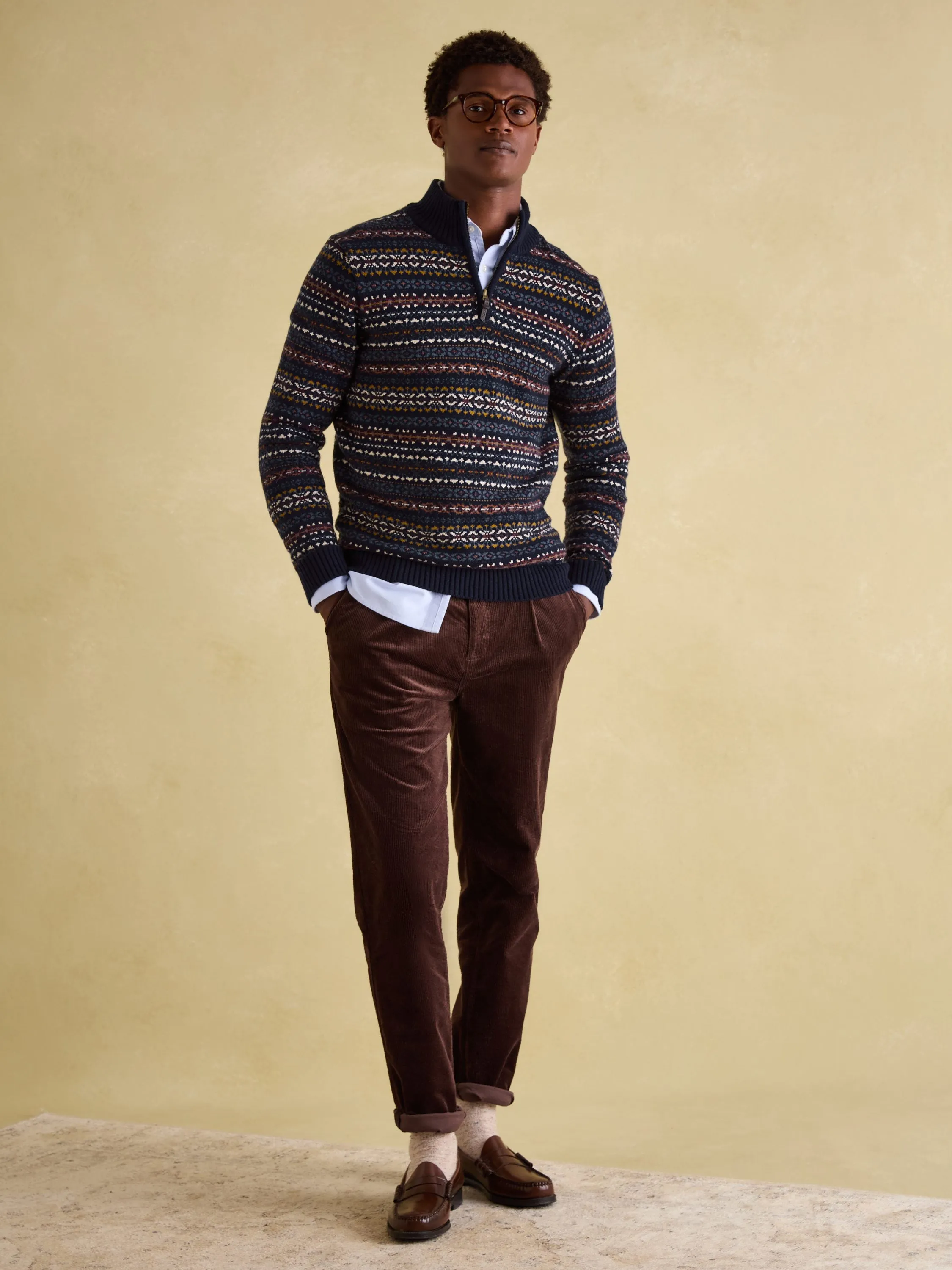 Fair Isle Navy Quarter Zip Knit Jumper Contains Merino Wool