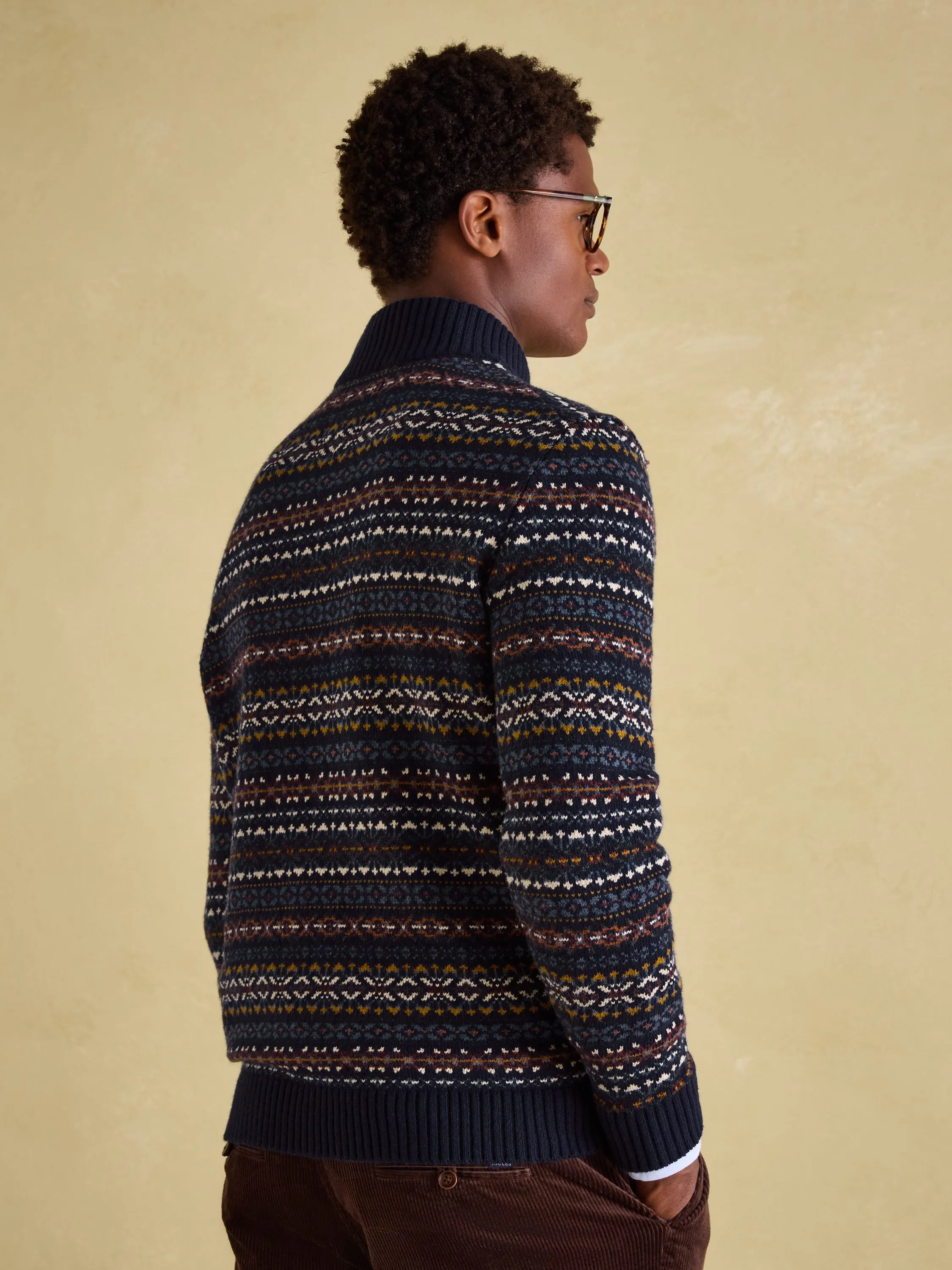 Fair Isle Navy Quarter Zip Knit Jumper Contains Merino Wool