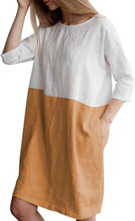 Famulily Women's Oversized 3 4 Sleeve Two Tone Colors Loose T Shirt Dress with Pockets