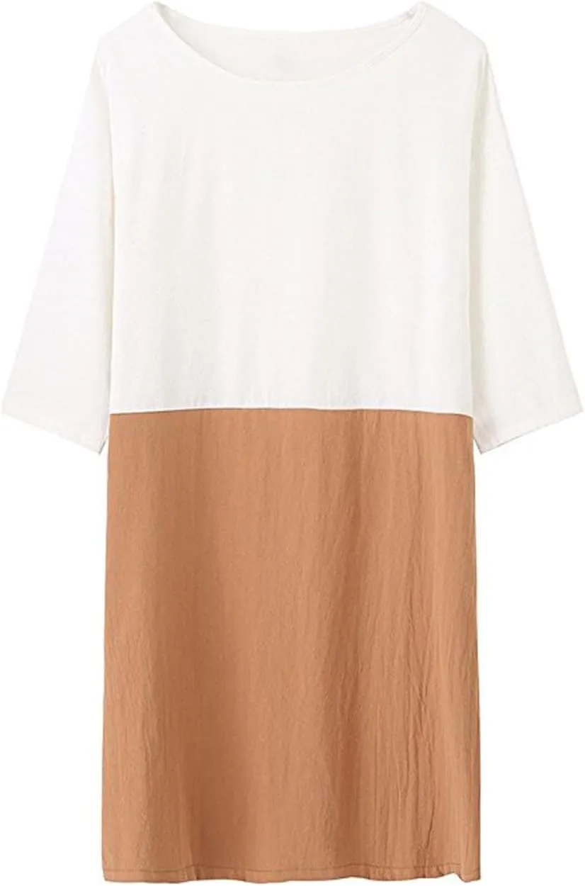 Famulily Women's Oversized 3 4 Sleeve Two Tone Colors Loose T Shirt Dress with Pockets