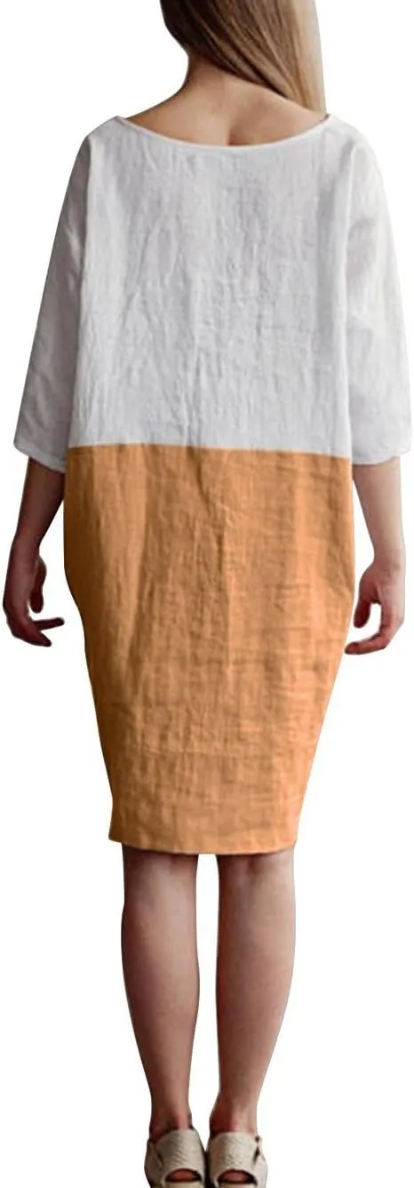 Famulily Women's Oversized 3 4 Sleeve Two Tone Colors Loose T Shirt Dress with Pockets