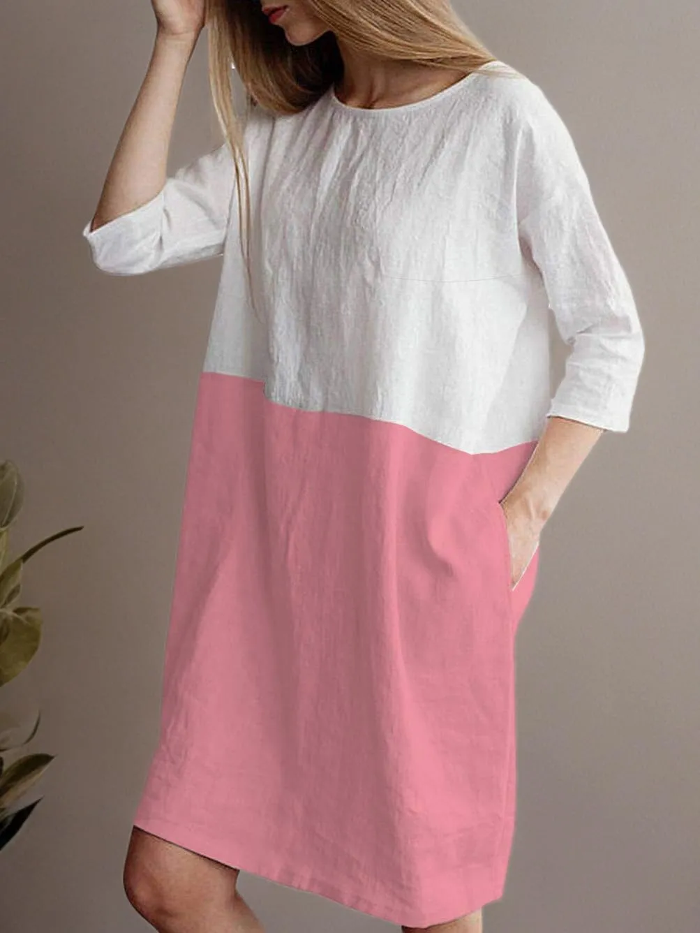 Famulily Women's Oversized 3 4 Sleeve Two Tone Colors Loose T Shirt Dress with Pockets