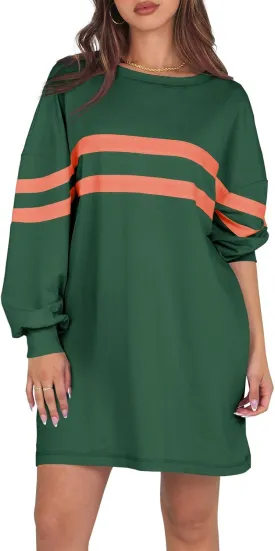 Fisoew Womens Oversized Sweatshirt Long Sleeve Crew Neck Casual Striped Pullover Sweatshirt Dress