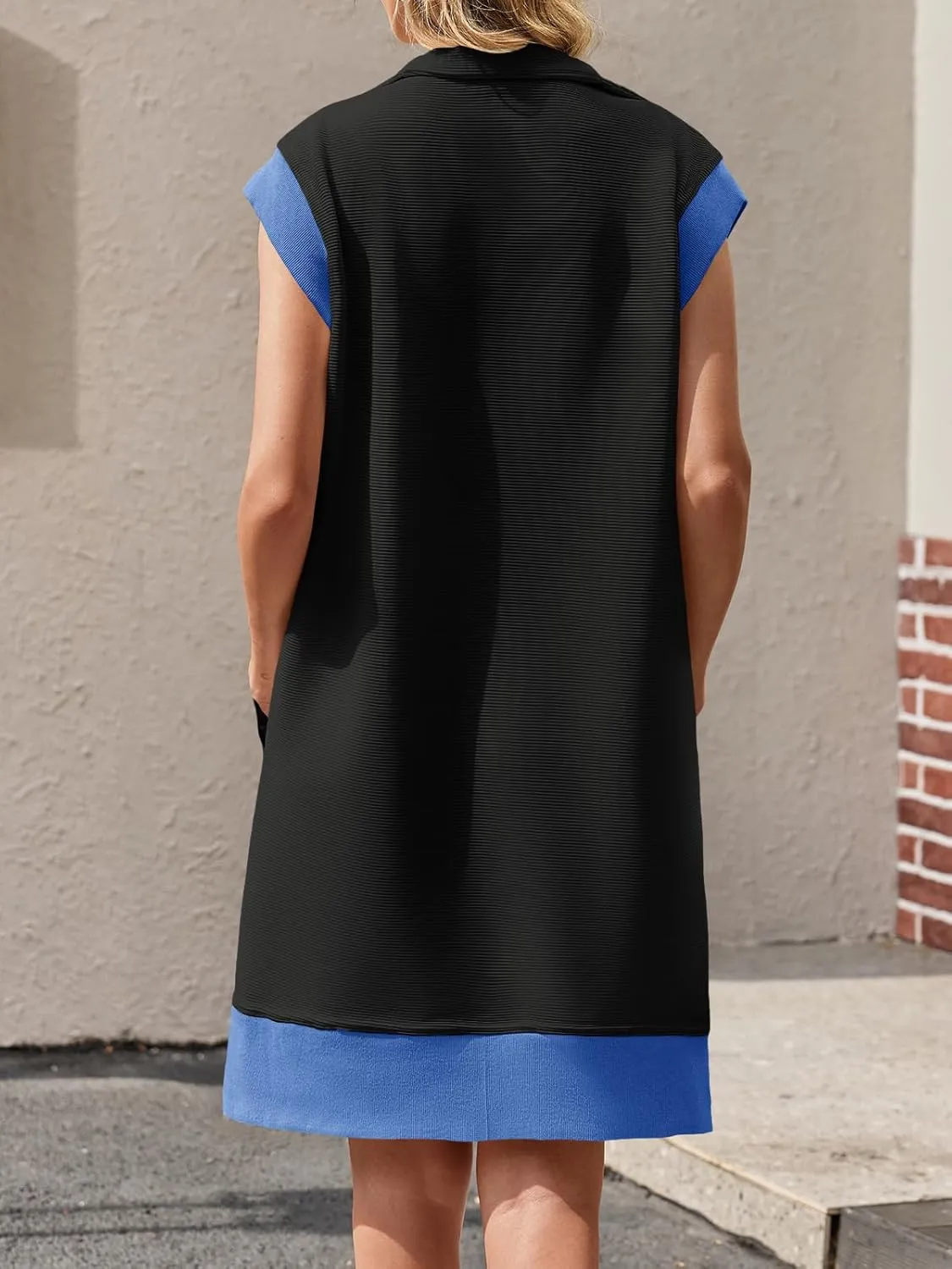 Fisoew Women's Summer Sleeveless Mini Dress Casual Half Zip Cap Sleeve Contrast Loose Sweatshirt Dresses