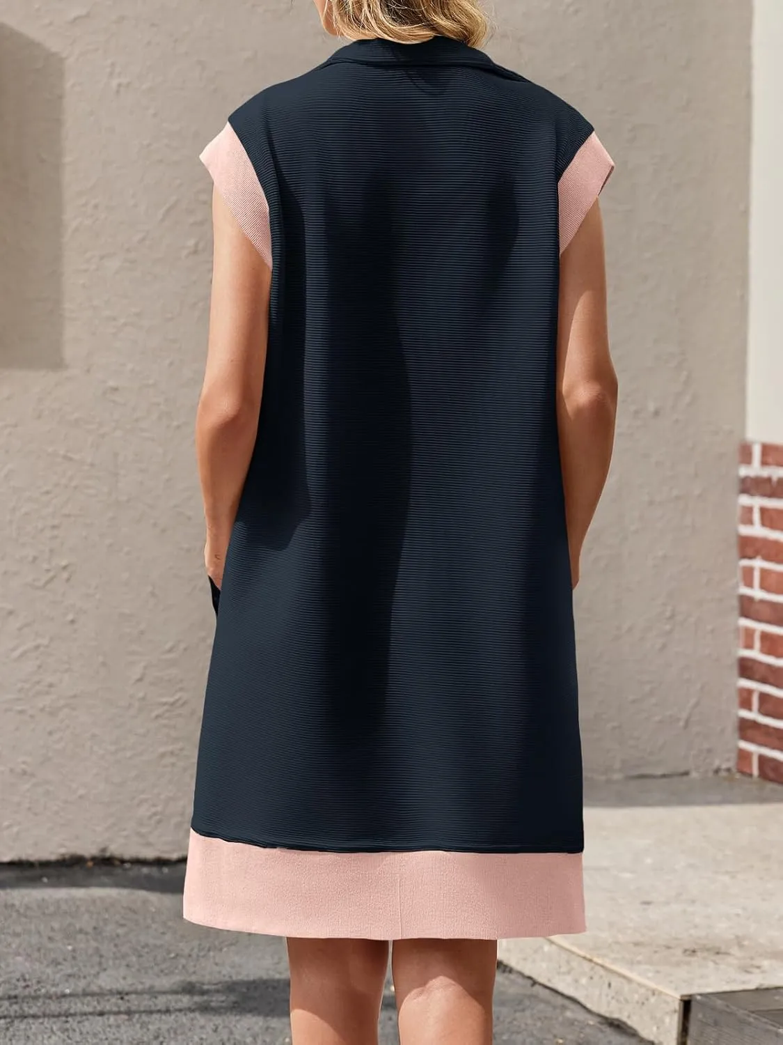 Fisoew Women's Summer Sleeveless Mini Dress Casual Half Zip Cap Sleeve Contrast Loose Sweatshirt Dresses