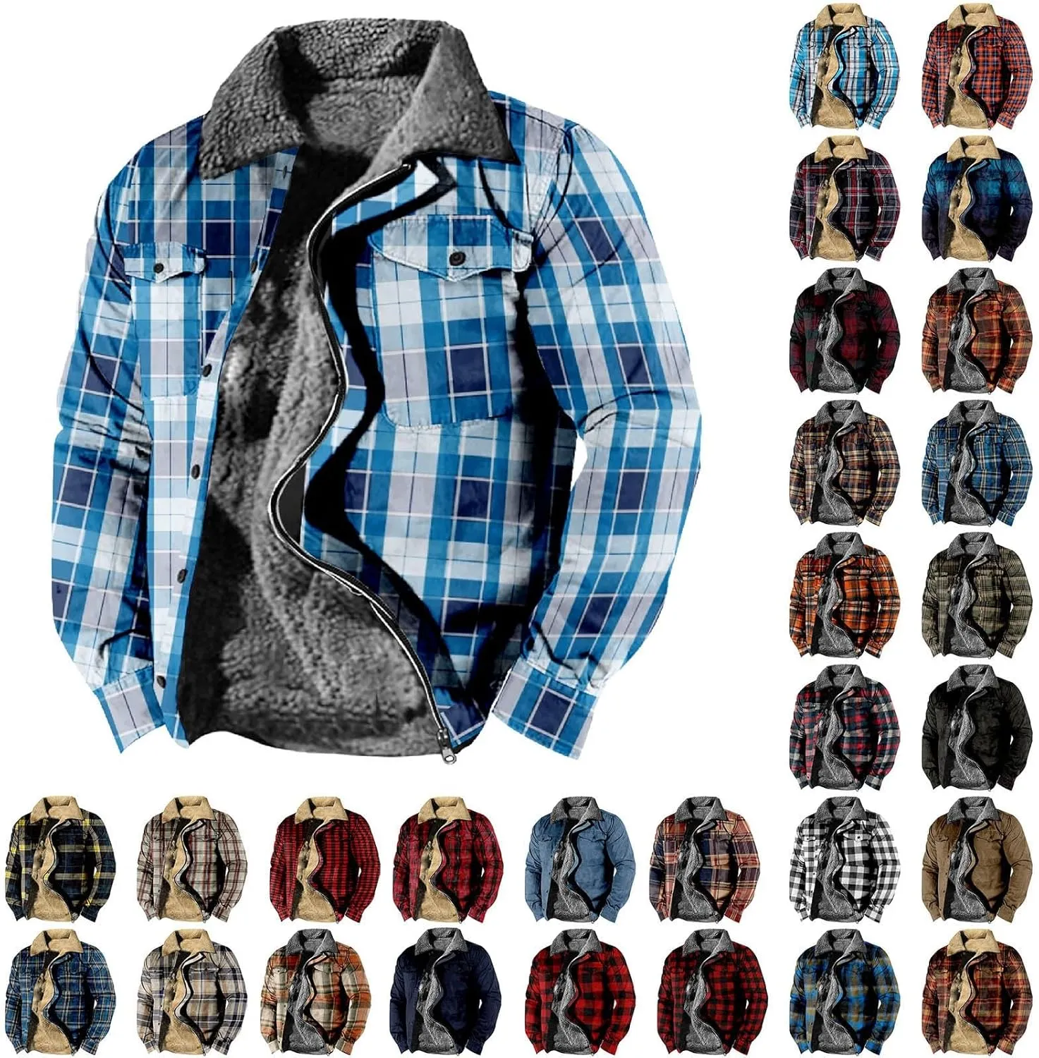 Flannel Jacket for Men Without Hood Zip up Hooded Heavyweight Thick Fleece Lined Winter Warm Plaid Shirt Jacket Big Tall