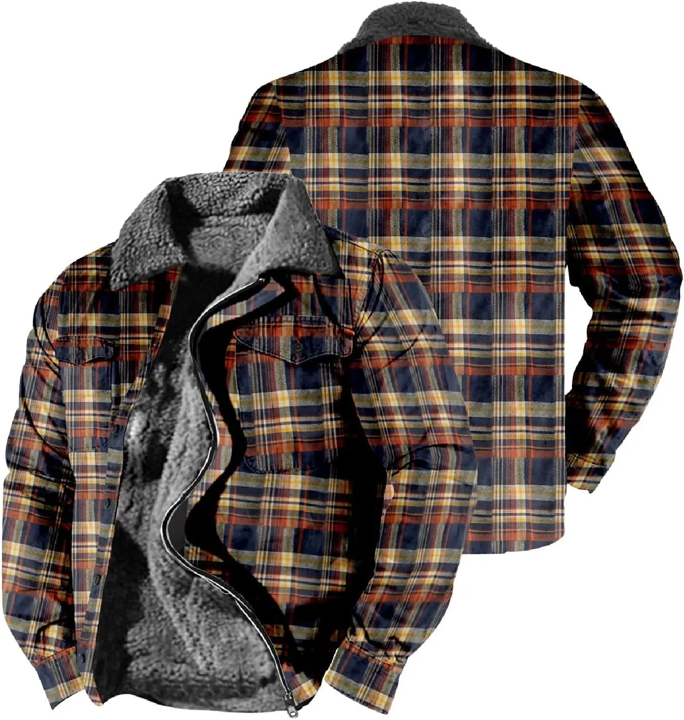 Flannel Jacket for Men Without Hood Zip up Hooded Heavyweight Thick Fleece Lined Winter Warm Plaid Shirt Jacket Big Tall