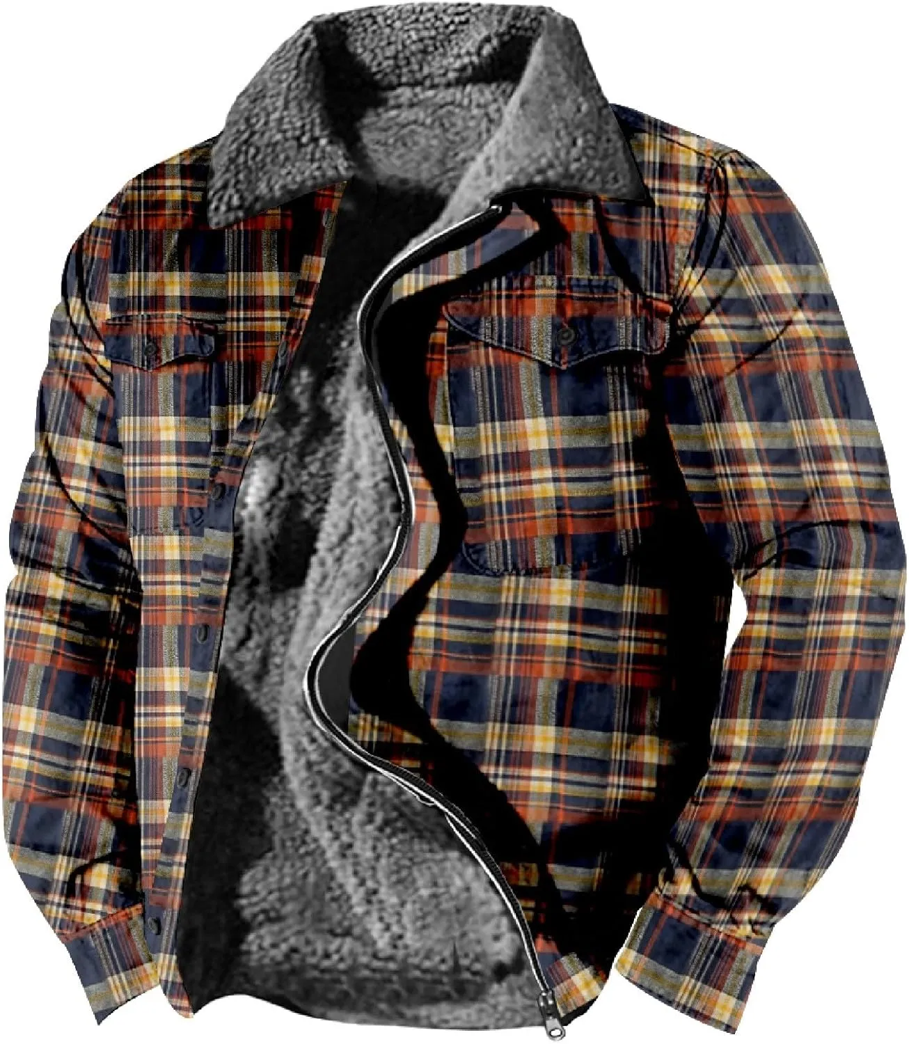 Flannel Jacket for Men Without Hood Zip up Hooded Heavyweight Thick Fleece Lined Winter Warm Plaid Shirt Jacket Big Tall