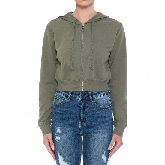 FRENCH TERRY LONG SLEEVE O-RING ZIP CROP HOODIE