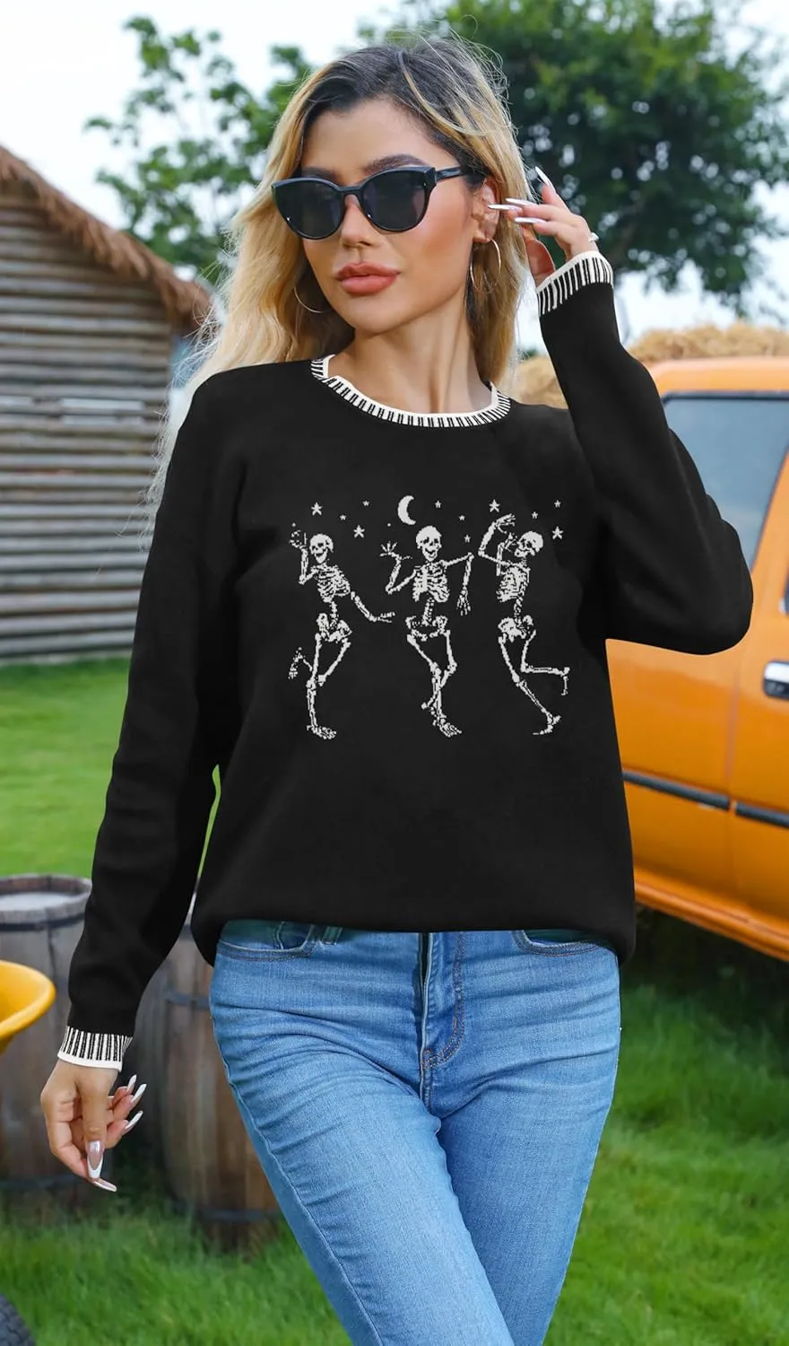 Halloween Skull Sweaters for Women: Skeleton Funny Gothic Graphic Long Sleeve Shirts Fall Pullover Tops