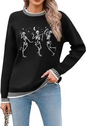 Halloween Skull Sweaters for Women: Skeleton Funny Gothic Graphic Long Sleeve Shirts Fall Pullover Tops